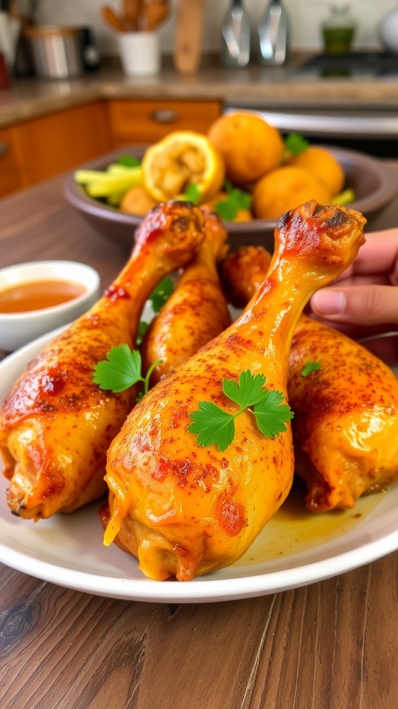 Spicy Baked Chicken Drumsticks Recipe Crispy baked chicken drumsticks garnished with parsley on a rustic table with dipping sauce.